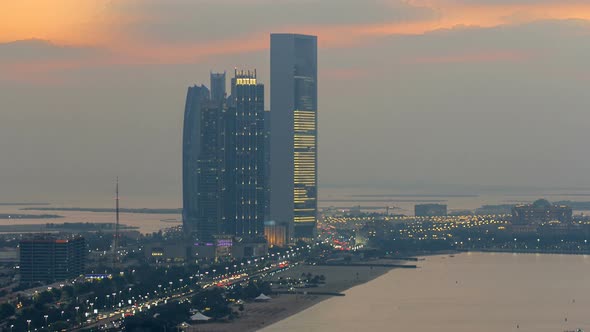 Top View of Famous Towers Buildings in Abu Dhabi Day to Night Timelapse