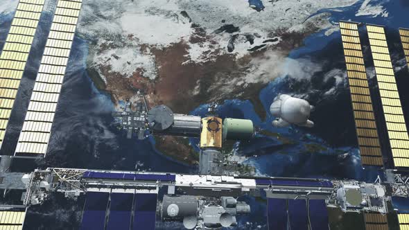 International Space Station with Solar Cell Flies Over Earth alt