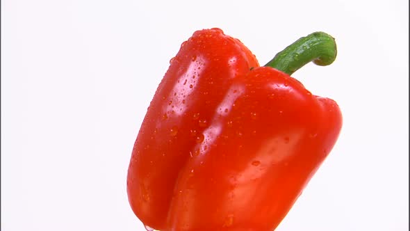 Red bell pepper rotating on a white screen.