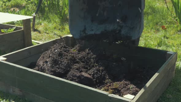 Filling raised garden bed with soil from wheelbarrow