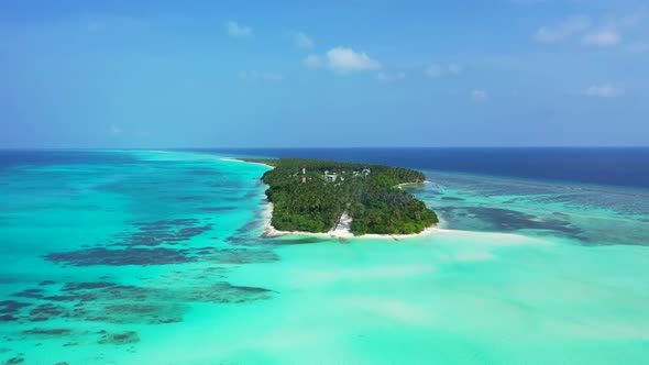 Aerial tourism of perfect coastline beach voyage by shallow water and white sand background of a pic