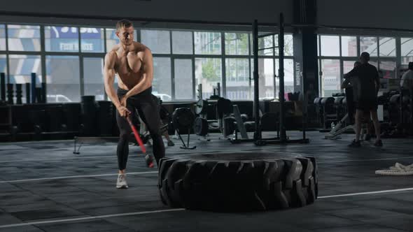 Young male athlete trains in the gym with ropes, crossfit, endurance training