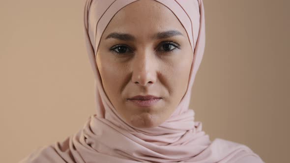 Portrait of Upset Muslim Girl Woman in Hijab Headscarf Islamic Young Anxious Lonely Lady in