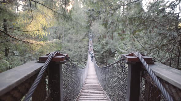 Wide revealing shot of Lynn Valley suspension bridge and metal ropes, dusk