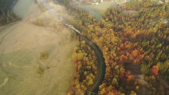 Autumn Sunrise in the forest by the river