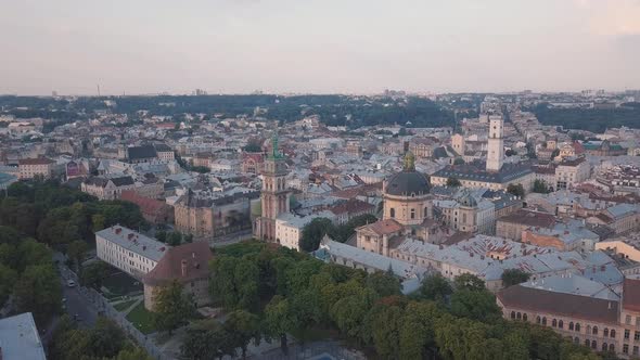 Aerial City Lviv, Ukraine. European City. Popular Areas of the City. Town Hall