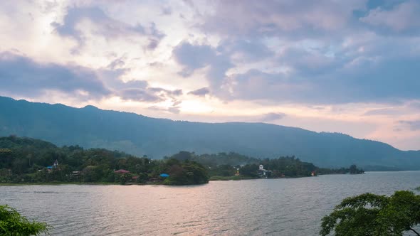 Time lapse panorama lake Toba Samosir Island Sumatra Indonesia. Lake Toba 