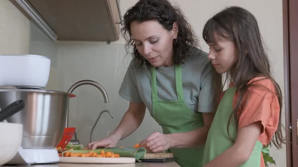 Vegetarian food children. A housewife cuts a carrot. 