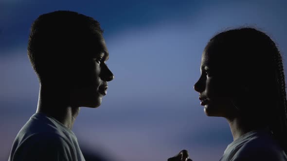 Lovely Couple Dreaming of Romantic Kiss in Darkness, Shy Inexperienced Teens