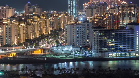 Palm Jumeirah Highway Bridge Aerial Night Timelapse