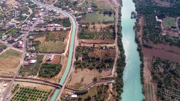 Aerial View of River and Irrigation Canal