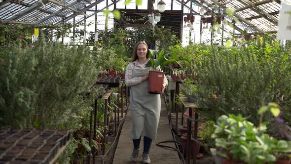 Young Farmer Carries Flower in Large Pot and Smiles