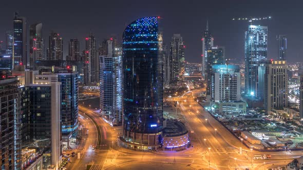 Dubai Business Bay Towers Night Timelapse Aerial