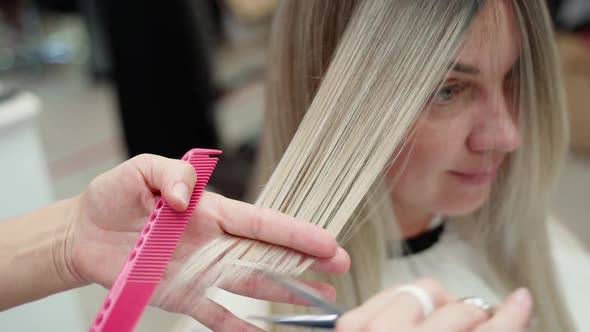 the Hairdresser Cuts the Beautiful Blond Hair of a Young Woman Near Her Face