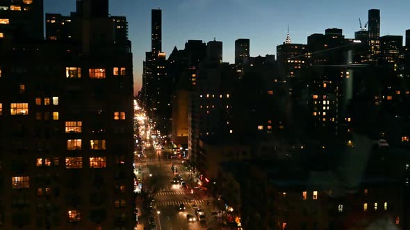 City at night.  New York City as seen from a tramway in Midtown, NYC.  Amazing birdseye view of the