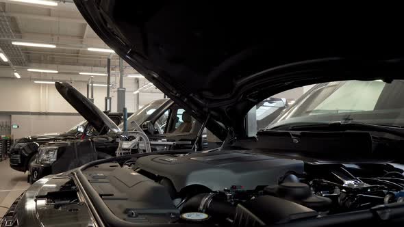 Bearded Car Service Worker Smiling To the Camera Examining Cars at the Workshop