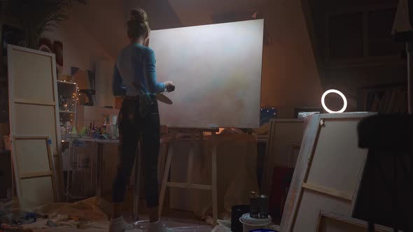 Talented Female Artist Working on a Modern Abstract Oil Painting Uses Splattering and Dripping with