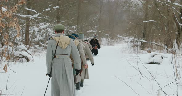 Men Dressed As White Guard Soldiers Of Imperial Russian Army In Russian Civil War Times Marching