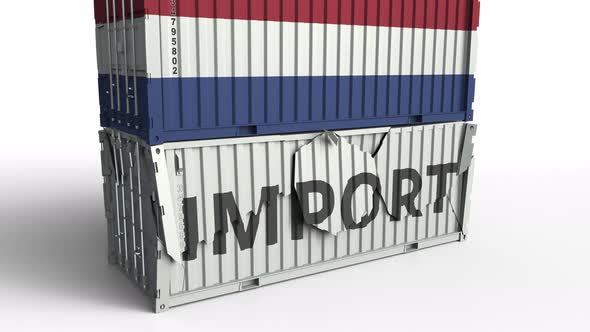 Container with IMPORT Text Being Crashed with Container with Flag of Netherlands