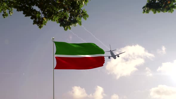 Tatars tan Flag With Airplane And City -3D rendering
