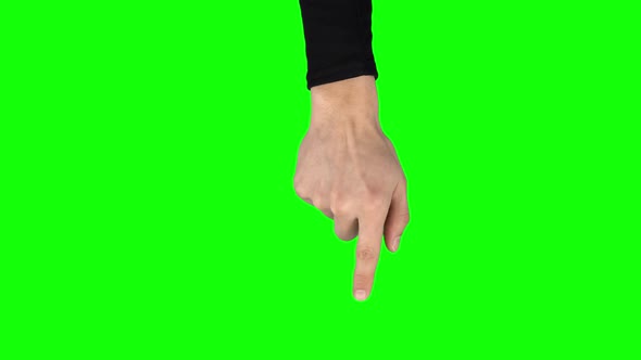 Man Hand in Black Sweater Is Performing Swipe Up at Tablet Screen Gesture on Green Screen. Close Up