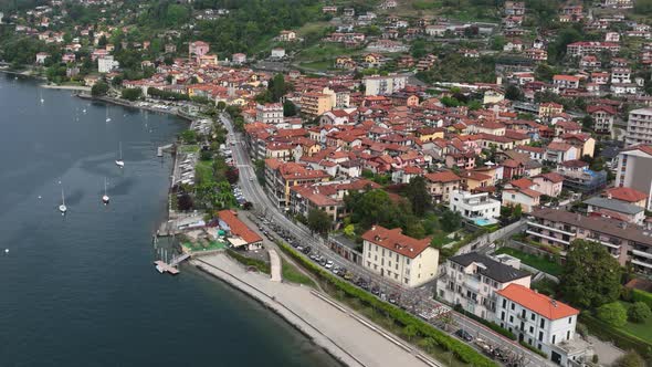 Aerial Drone Shot of he Town of  Verbania in the Middle of The Lago Maggiore