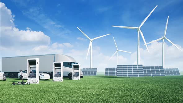 Electric cars on the background of wind turbines