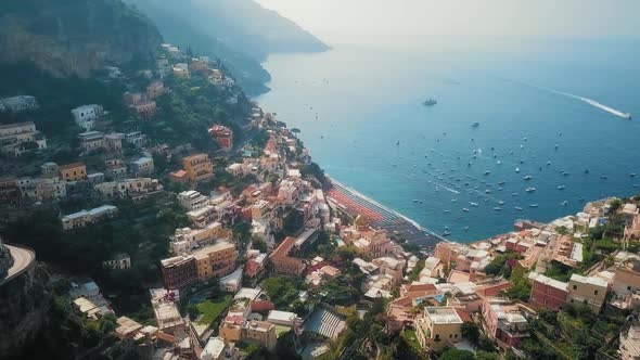 Positano, Amalfi Coast and Beach Aerial Shot