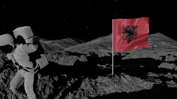 Albania Flag on Moons Surface With Floating Astronaut