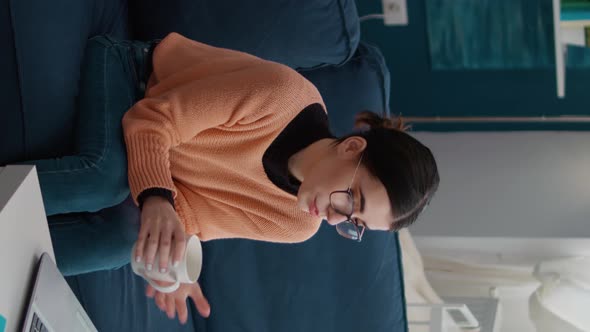 Vertical Video Person Attending Remote Conversation on Video Call Meeting