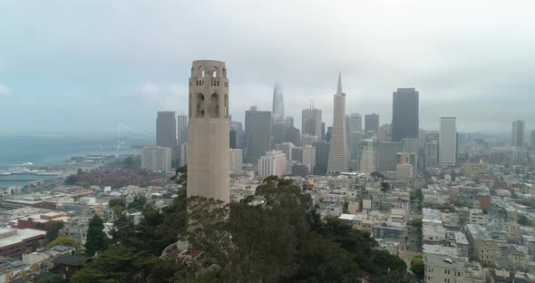 Aerial view San Francisco California USA Coit Tower Telegraph Hill on a cloudy day