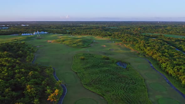 Aerial Panorama Of Costa Campo de Golf At Playa Nueva Romana In Dominican Republic. Drone Shot