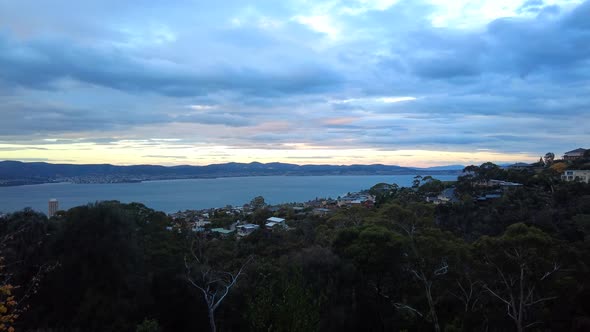 Sunset wide panning shot of Tasmania’s Derwent River from Mount Nelson, Hobart.