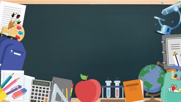 Animation of multiple school materials moving  on a blackboard