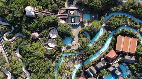 Top-down aerial view of Siam Park, Costa Adeje, Tenerife, Canary Islands, Spain