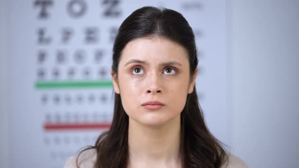 Ophthalmologist Putting Refractor on Scared Female Patient, Analyzing Eyesight