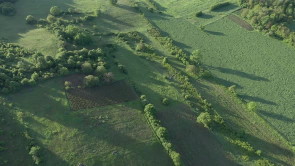 Long shadows in the valley from sun after sunrise 4K aerial video