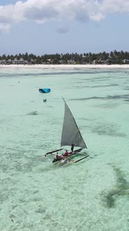 Boat Boats in the Ocean Near the Coast of Zanzibar Tanzania Slow Motion Vertical Video