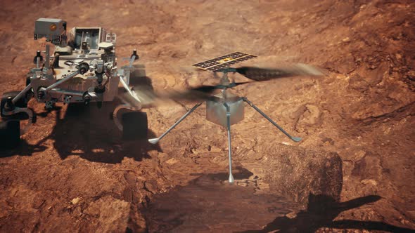 Vehicle and Helicopter on Mars in search of water