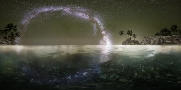 VR 360 Beautiful Fantasy Tropical Beach with Milky Way Star in Night Skies