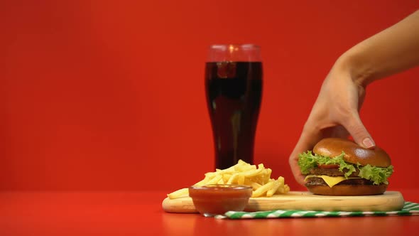 Woman Hand Putting Bitten Hamburger, Fast Food Consumerism, High Calorie Meal