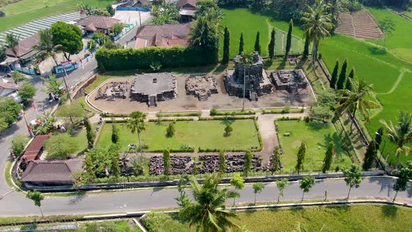 Ancient Buddhist Ngawen  temple compound on Java, Indonesia, aerial view