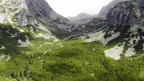 AERIAL: Flying very high above Forest near the Mountains in Slovakia High Tatras Region