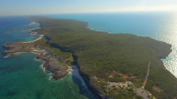 Aerial drone view rocky coastline on a tropical island beach and coast in the Bahamas, Caribbean. 