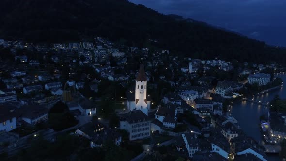 Wide Aerial of Thun City at Dusk Switzerland