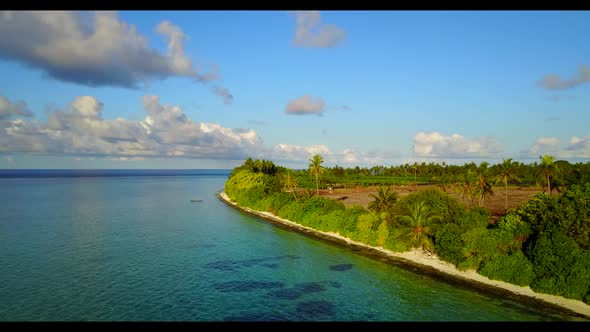 Aerial top view tourism of relaxing seashore beach time by shallow ocean and white sand background o