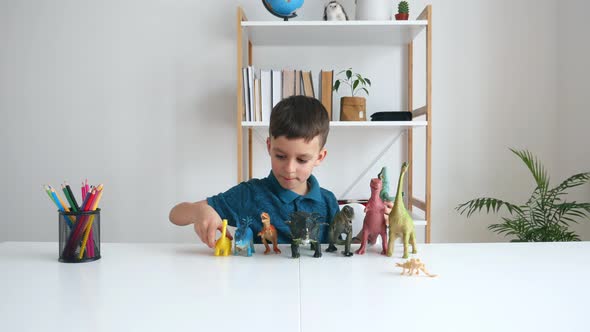 Focused Kid Playing with Dinosaurs at Home