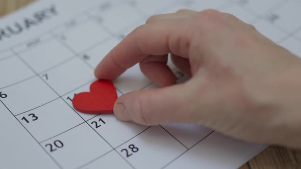 Putting Red Wooden Heart Shape 14 Number February Month Calendar Date Valentine