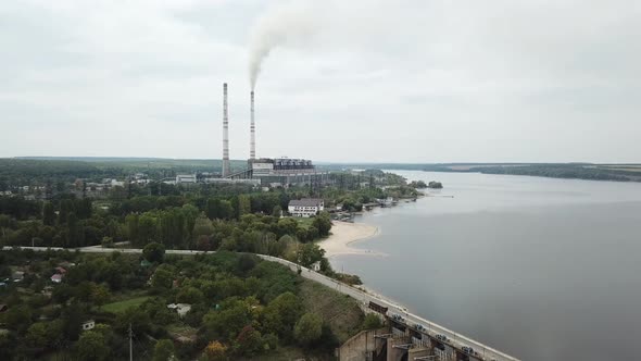 Aerial View of Coal Power Station with Smoke