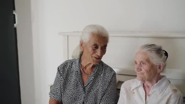 Cheerful Grandmothers Having Pleasant Talk When Resting on Sofa in Room